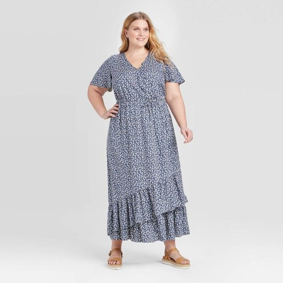 Ava & Viv Floral Print Short Sleeve Wrap Maxi Dress 3X New - Picture 1 of 1